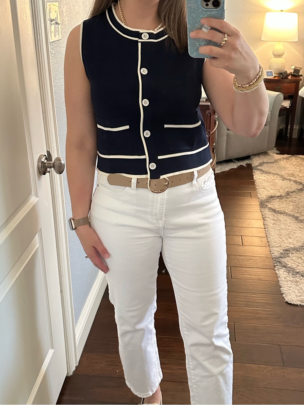 entro Navy Sleeveless Knit Cardigan with White Trim